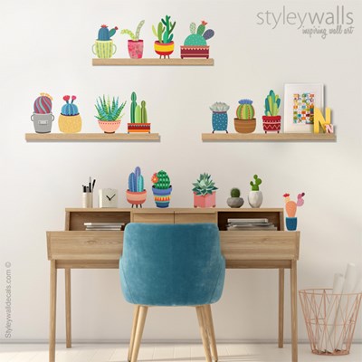 מדבקות קיר עציצי קקטוסים צבעוניים