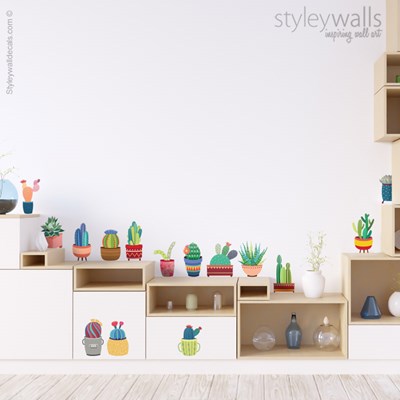 מדבקות קיר עציצי קקטוסים צבעוניים