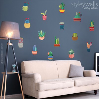 מדבקות קיר עציצי קקטוסים צבעוניים