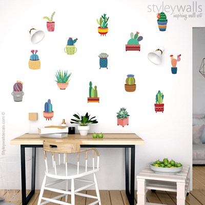 מדבקות קיר עציצי קקטוסים צבעוניים